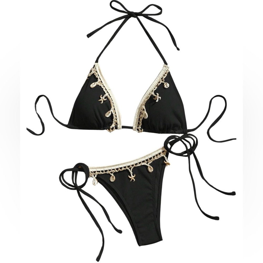 NWOT Verdusa Black Shell Embellished Triangle Ribbed 2pc Bikini Women’s M